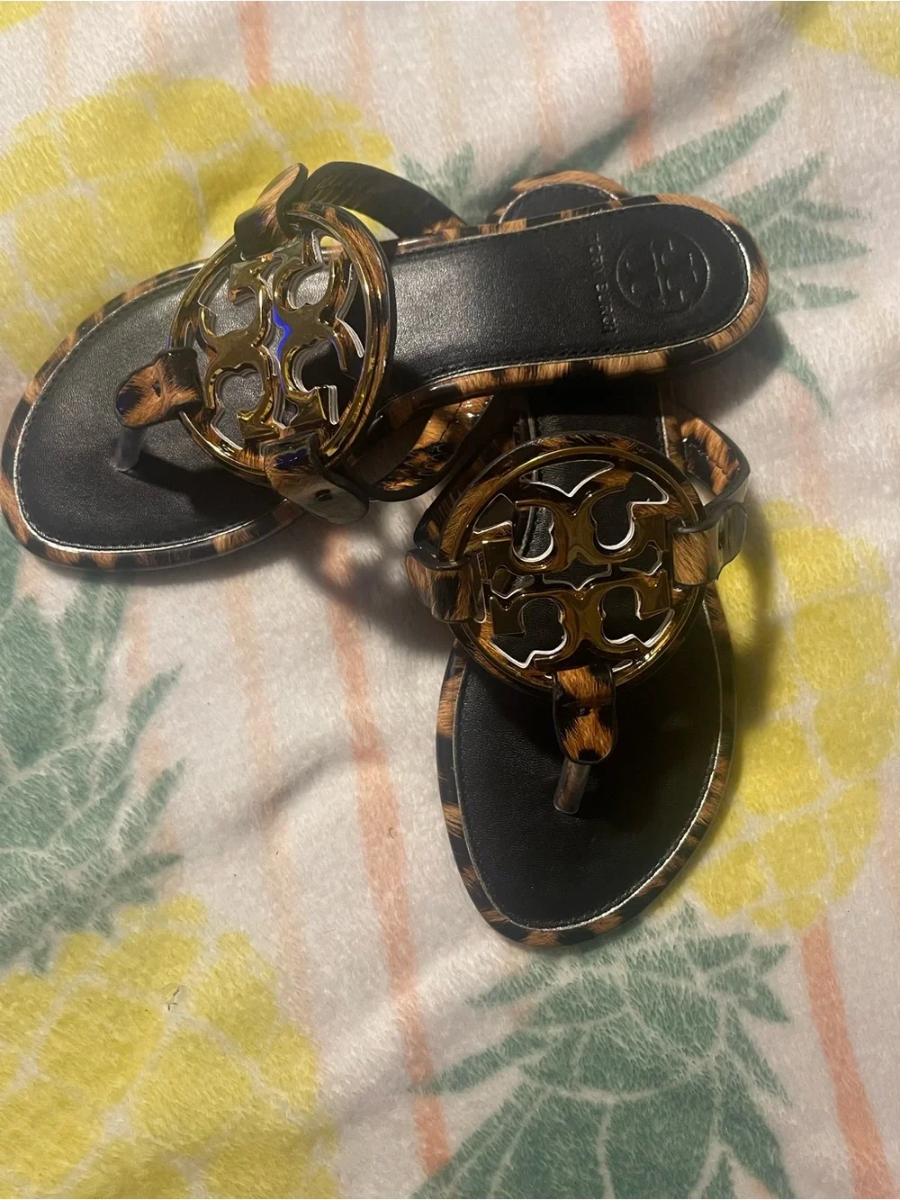 Tory Burch Leopard-Print Patent Logo Thong Sandals - Black/Brown